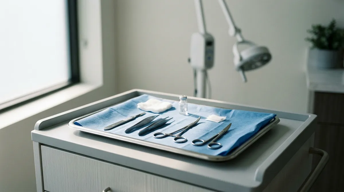 Instruments de petite chirurgie dermatologique sur un champ stérile