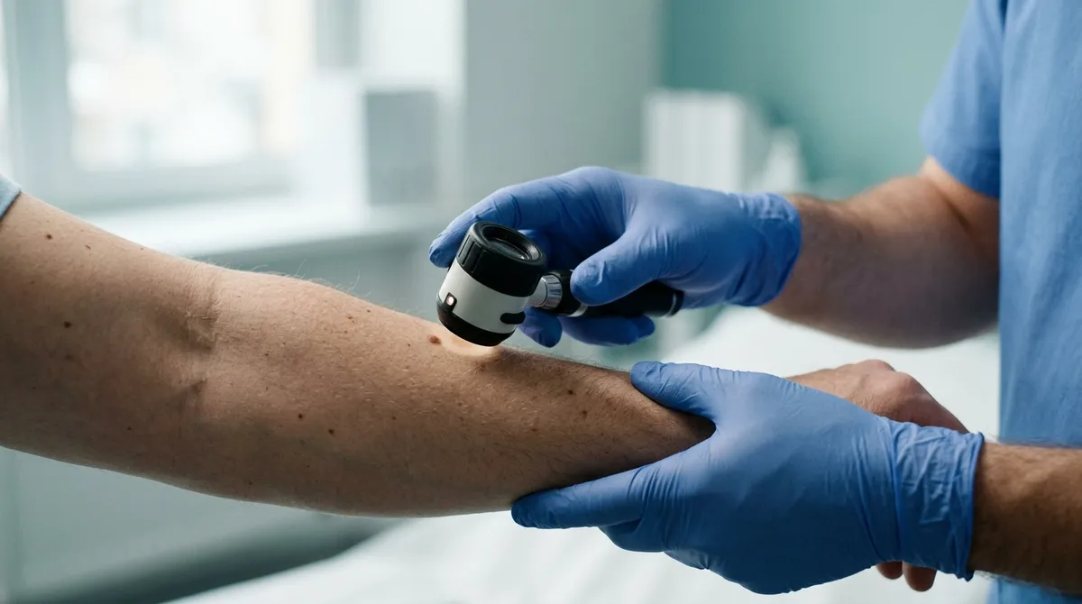 Dermatologue examinant une lésion pigmentée au dermatoscope